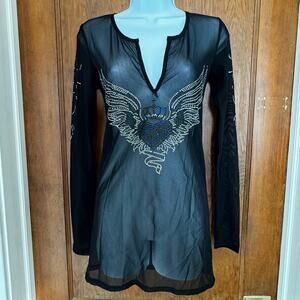Sheer‎ Long Sleeve Rhinestone Heart Angel Wings Y2K Small Biker Fairy Goth